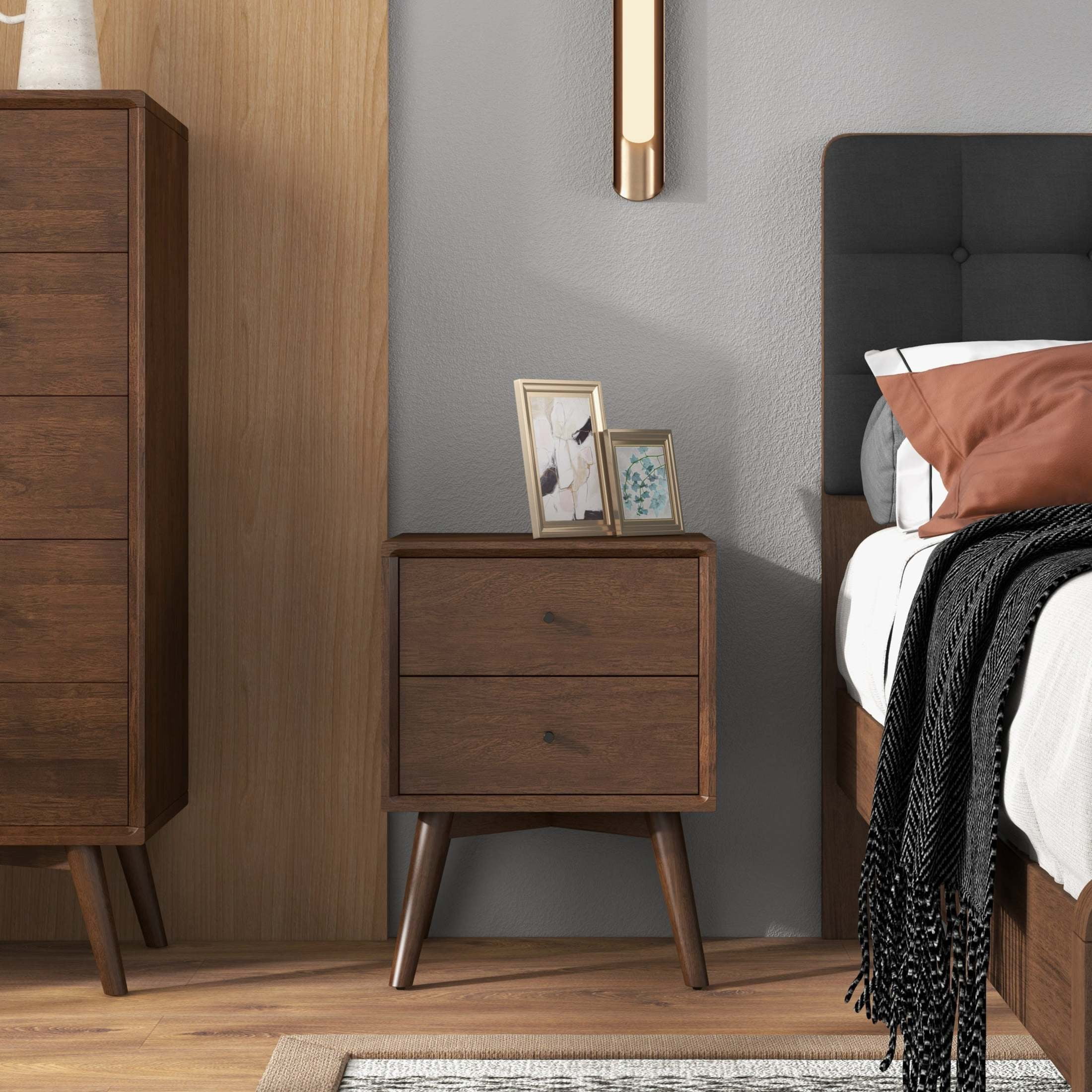 Noble House Caroline Mid-Century Modern Beveled Nightstand, Solid Walnut Wood Frame with 2 Drawers, Dark Brown