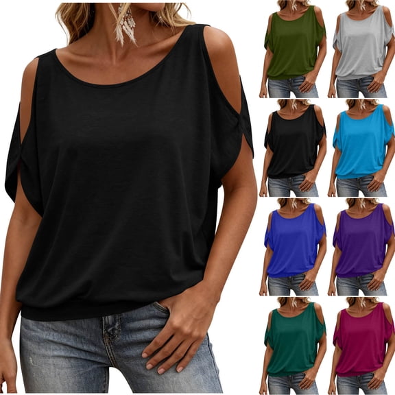 Women's Loose Fit Cold Shoulder Round Neck Short Sleeve Knot Solid Color Blouse Top Casual Daily Wear Summer Vacation | CSEONE,Army Green L