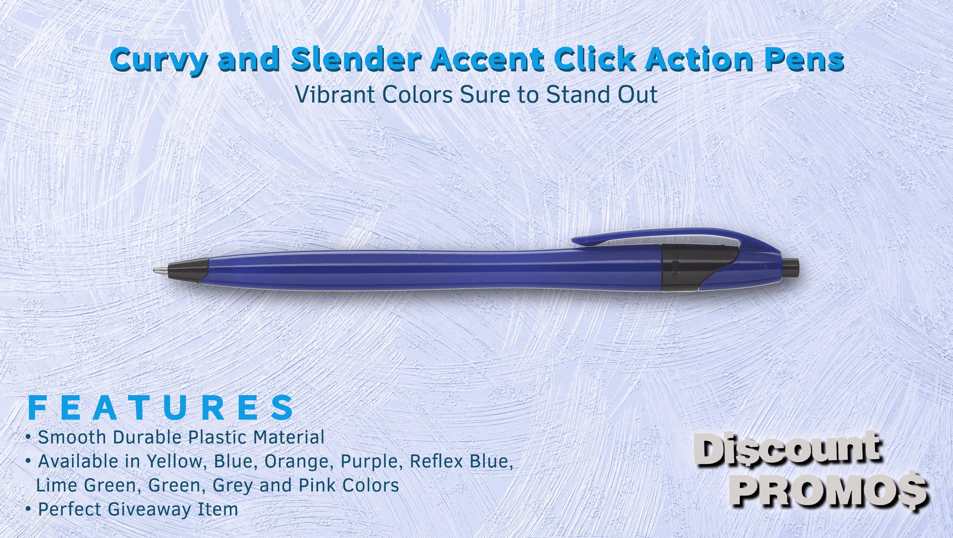 10 Accent Click Action Pens Pack - Plastic, Curvy, Vibrant, Black Ink - Reflex Blue