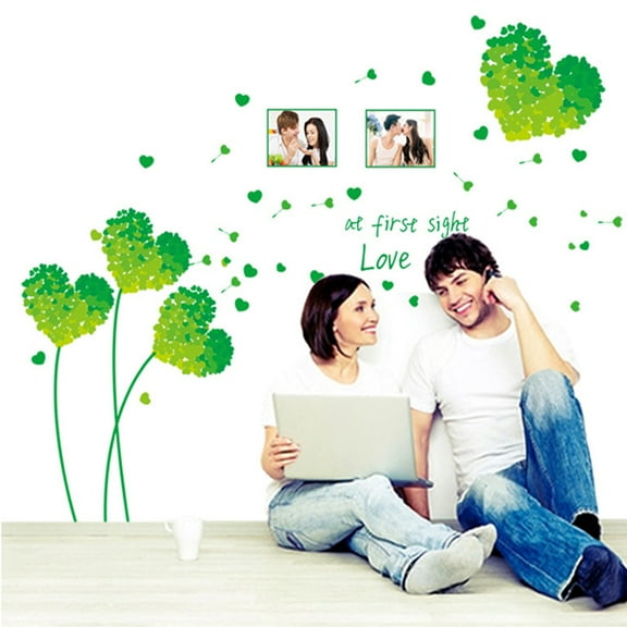 Romantic Green Love Flowers Wall Decal Sticker - DIY PVC Removable Transparent Film Self-Adhesive Mural Art for Living Room, Bedroom, Kids Room, Nursery, TV, and Sofa Background Decor
