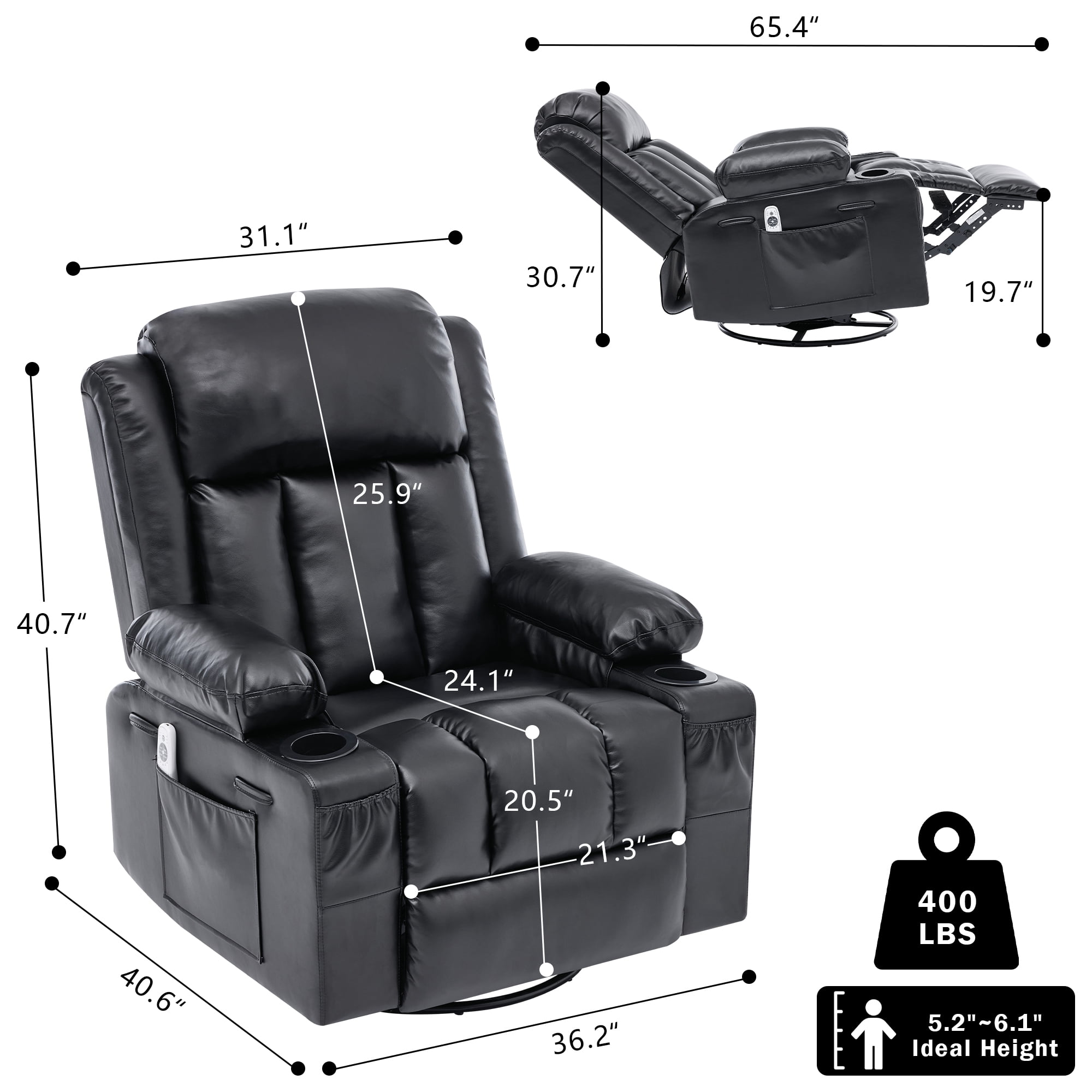 GAOHAPY Rocker Recliner Chair with Heat and Massage,360°Swivel Recliner Chair for Adults Elderly,Oversized Recliner Single Sofa Seat with 2 Cup Holders and Side Pocket(Black)