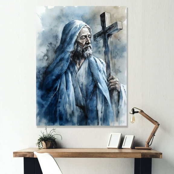 DESIGN ART Designart "Jesus With Cross Iv" Religious Landscape Canvas Wall Art 24 in. wide x 32 in. high