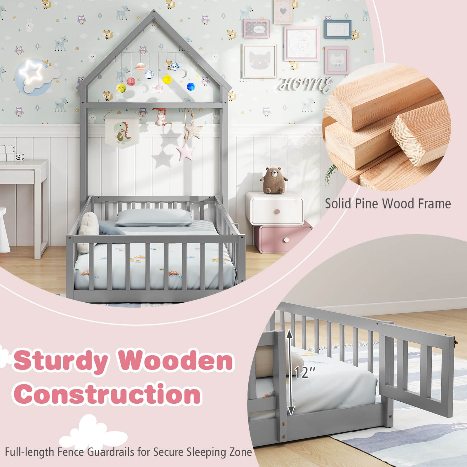 Infans Twin Size House Floor Bed w/House-shaped Headboard Clothes Hanger without Slats