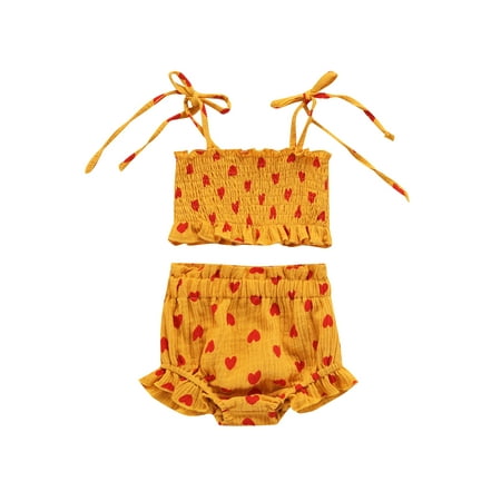 

Sunisery Newborn Baby Girls Summer Clothes Heart Print Bandage Sleeveless Tops Ruched Camisole + Shorts Sets Ginger Yellow 0-3 Months