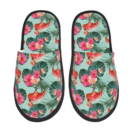 Balery Palm Leaves Flamingo Slient Indoor Furry Fleece Comfort House Shoes Soft Non-Slip Home Shoes Cotton slippers House Slippers-- Medium