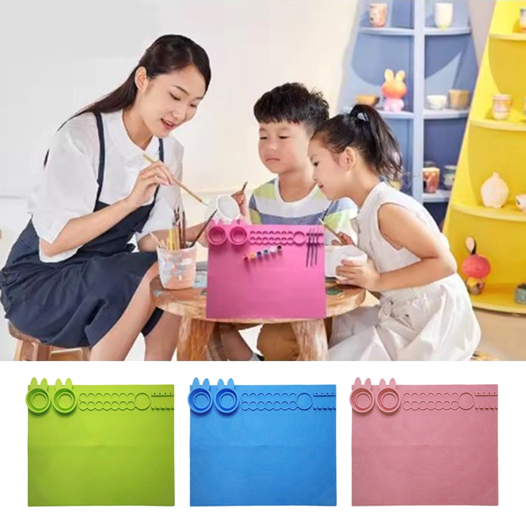 Silicone Painting Mat with 16 Paint Tray, 7 Well Palette, 3 Drawing Brush Holder