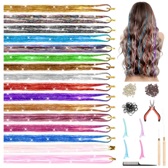 Abaima 16 Colors Hair Tinsel Kit, 37 Inches 3300 Strands Tinsel Hair Extensions, Fairy Hair Tinsel for Christmas Halloween Cosplay Party, Highlights Sparkling Glitter Hair