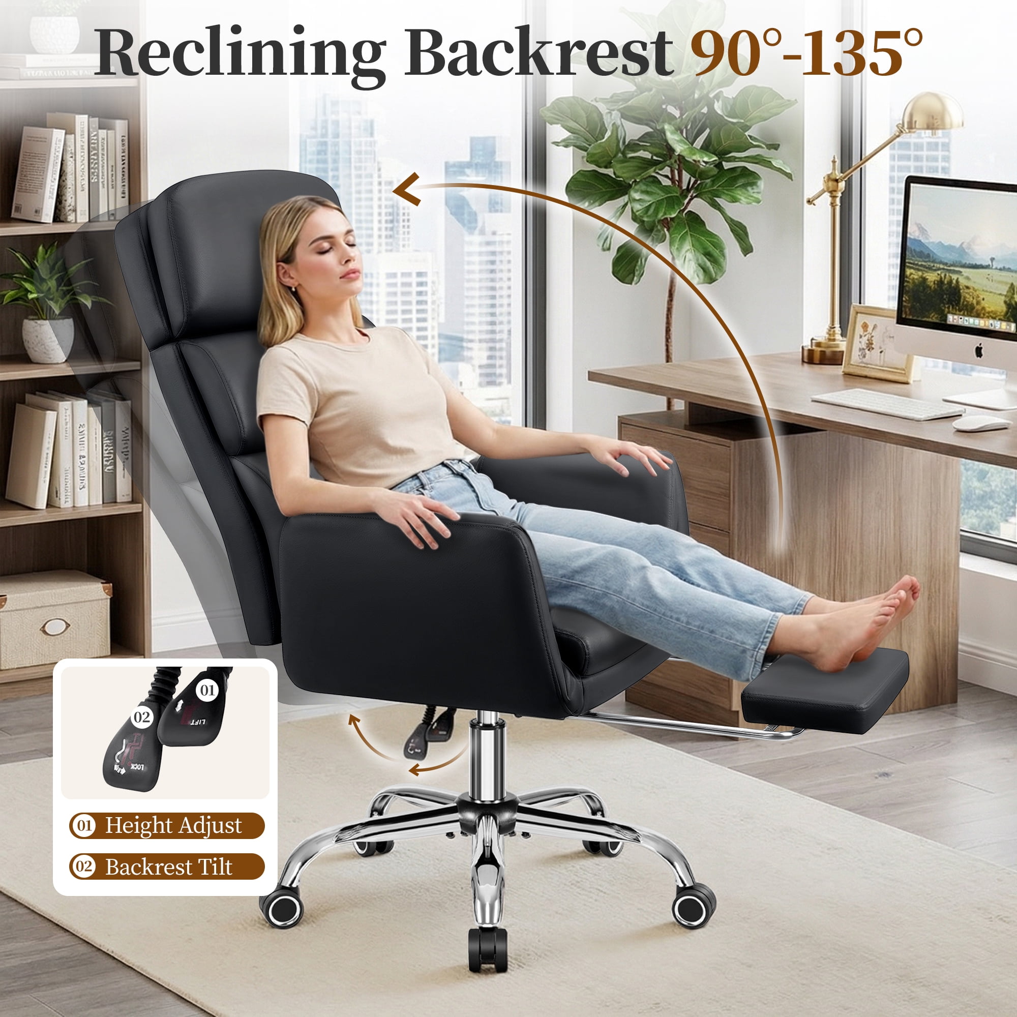 COOLHUT Big and Tall Office Chair 500LBS, Wide Seat Executive Office Desk Chair with Adjuatable Armrests and Headrest, PU Leather Hight Back Computer Chair with Footrest and Lumbar Suppor, Black