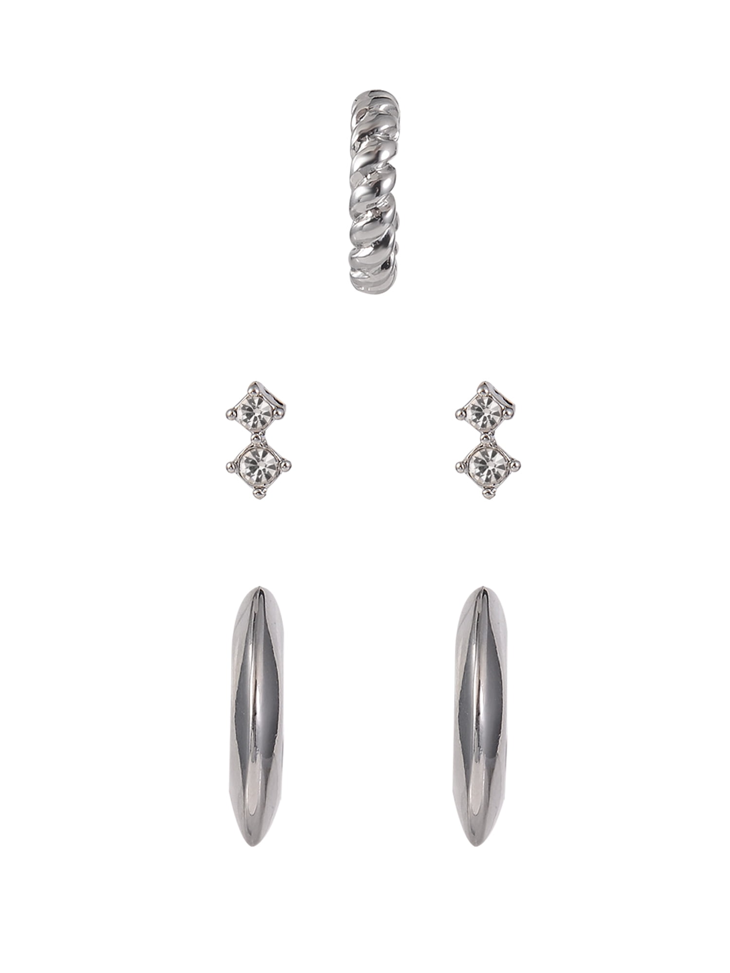 Time and Tru Adult Female Silver-Tone Crystal Stone Cable Chain Dangle and Textured Hoop Multi Stacker Earring Set