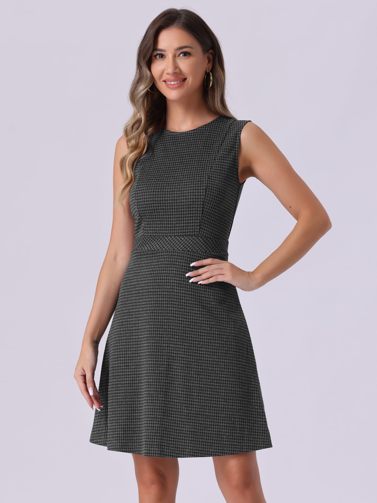 DARING DIVA Houndstooth Plaid Sleeveless Fit Flare Knit Dress L Black Grey
