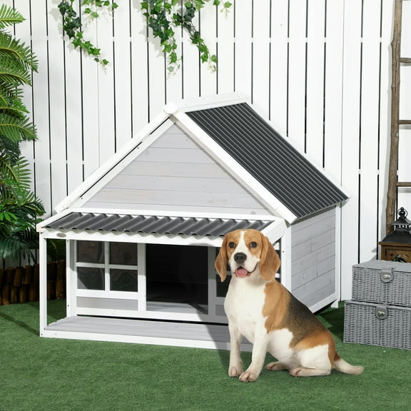 PawHut Outdoor Dog House for Large Dogs w/ Porch, Roof, Windows