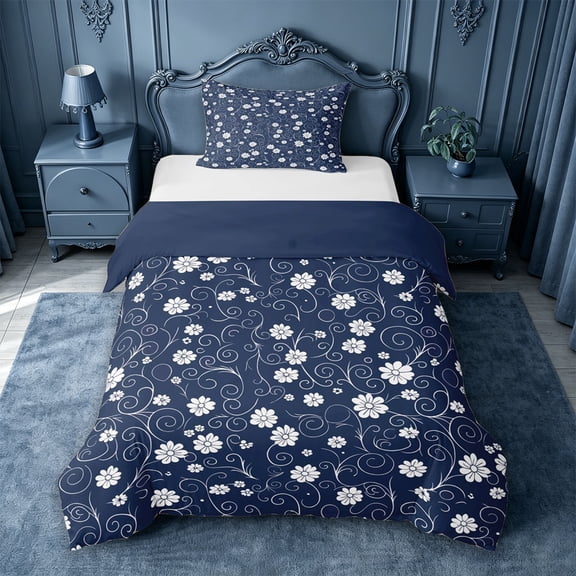 jejeloiu Nautical Floral Twin Duvet Cover For Girls,Delicate Daisy Twin Bedding,Navy White,Navy Blue Reversible,2pcs,1 Duvet Cover and 1 Pillowcase