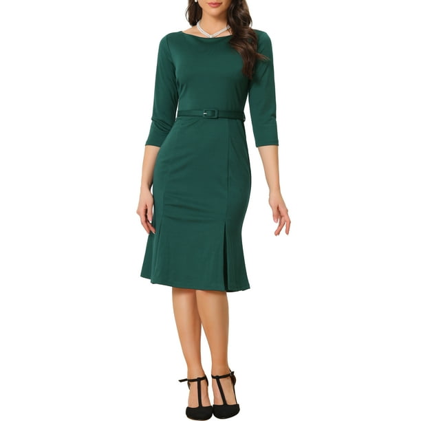 Vestido elegante midi de trabajo con cuello barco y media manga INSPIRE CHIC M Verde oscuro