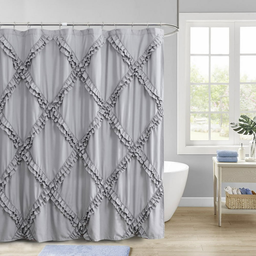 1 Piece Gray Double Ruffle Fabric Shower Curtain for Bathroom 72" x