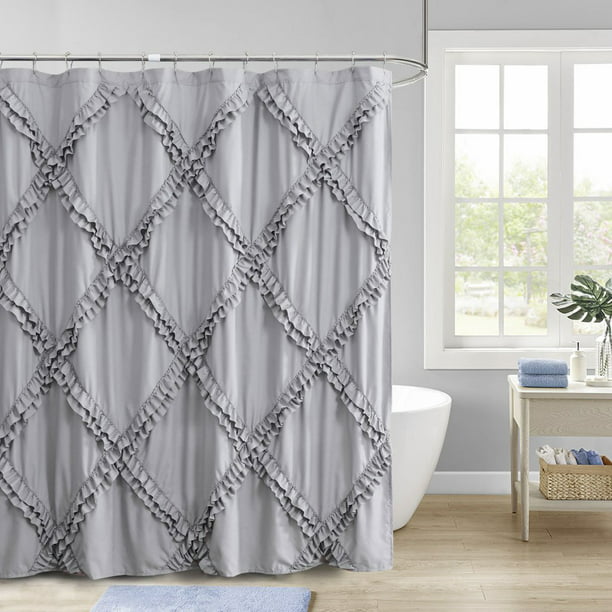 Double Ruffle Fabric Shower Curtain, Gray Ombre Ruffle Shower Curtain