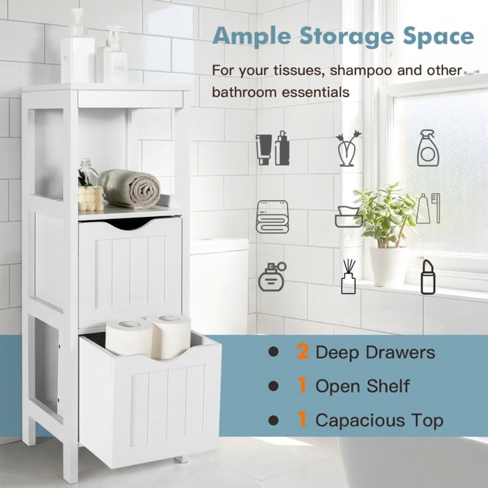 SUGIFT Freestanding Bathroom Storage Cabinet with 2 Removable Drawers, Narrow Wood Floor Storage Cabinet with Open Shelves, Slim Accent Cabinet for Bathroom Kitchen, White