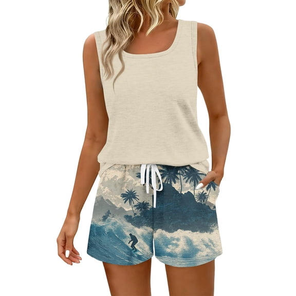 GILIGEGE Two Piece Sets for Women Printed Shorts and Sleeveless Top Matching Sets Beach Scoop Neck Tank Tops Shorts Sets Clothing High Waisted Hawaiian Shorts Resort Wear 2026 Casual Outfits Beige