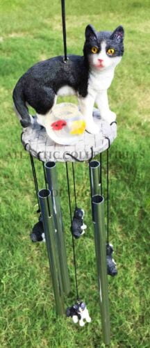 Ebros Tuxedo Black Kitty Cat with Fish Bowl Resonant Wind Chime 18.5"H Garden