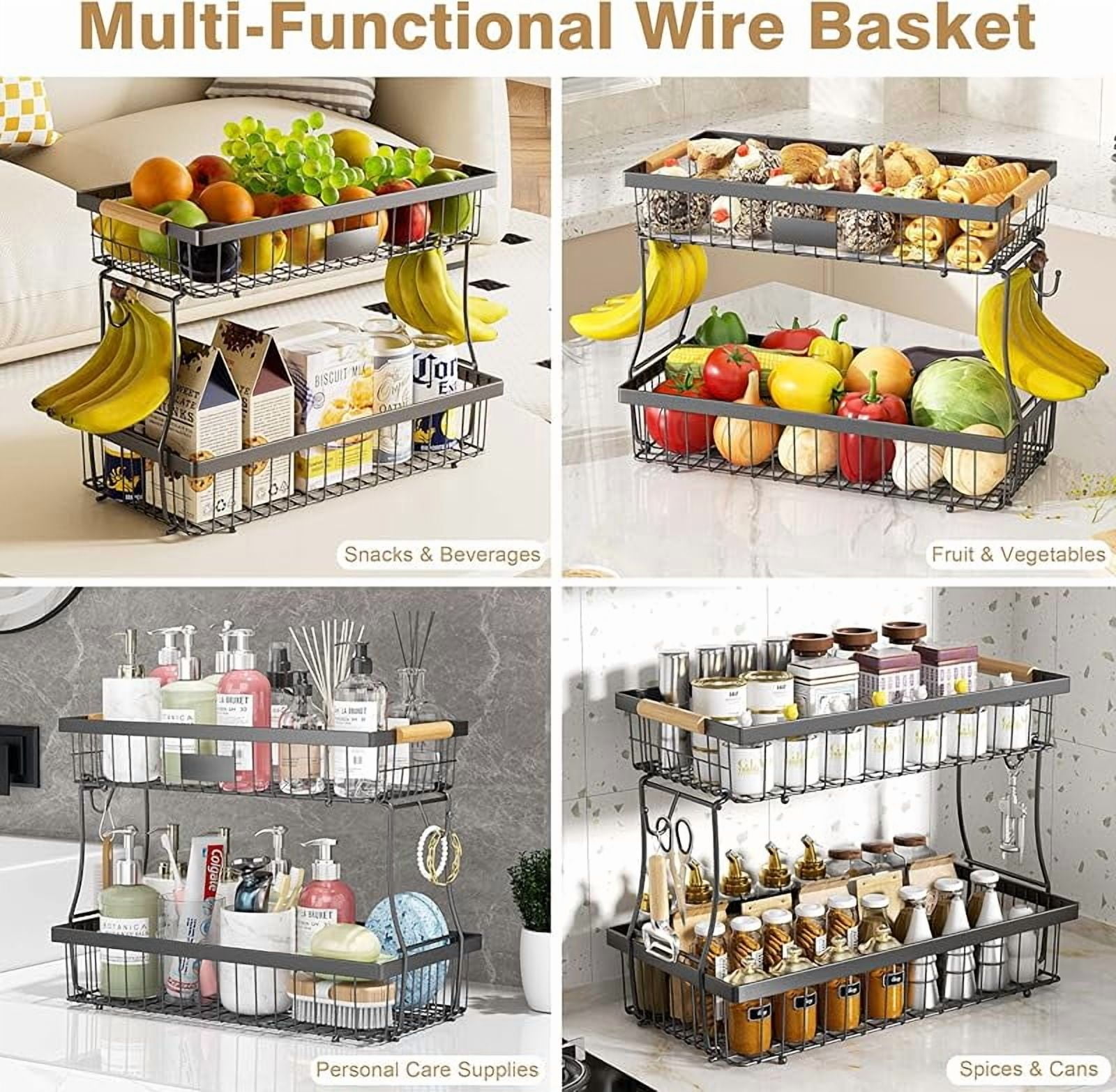 2 Tier Fruit Basket for Kitchen Counter,Wire Tiered Fruit Stand with Hangers&Handle,Corner Vegetable Rack,Two Tier Kitchen Basket For Fruits,Veggies,Snacks,Onions,Black