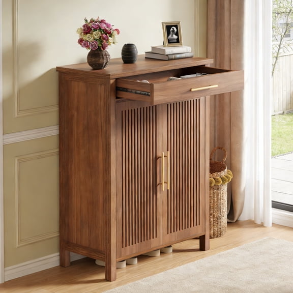 Fnova 5-Tier Cabinet with 1 Drawer, Side Cabinet Adjustable Shelves, Shoe Storage, Louvered Doors, Easy Assembly, for Entryway, Hallway, Living Room, Bathroom
