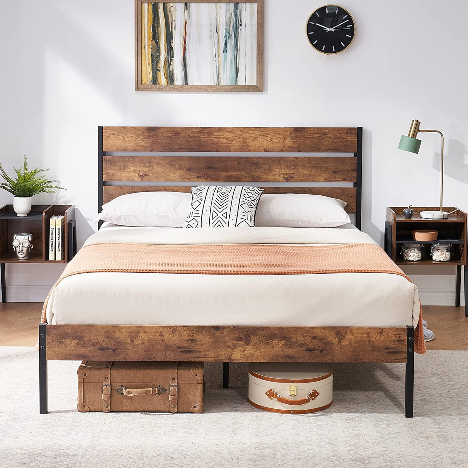 VECELO Queen Size Metal Platform Bed with Wooden Headboard, Rustic