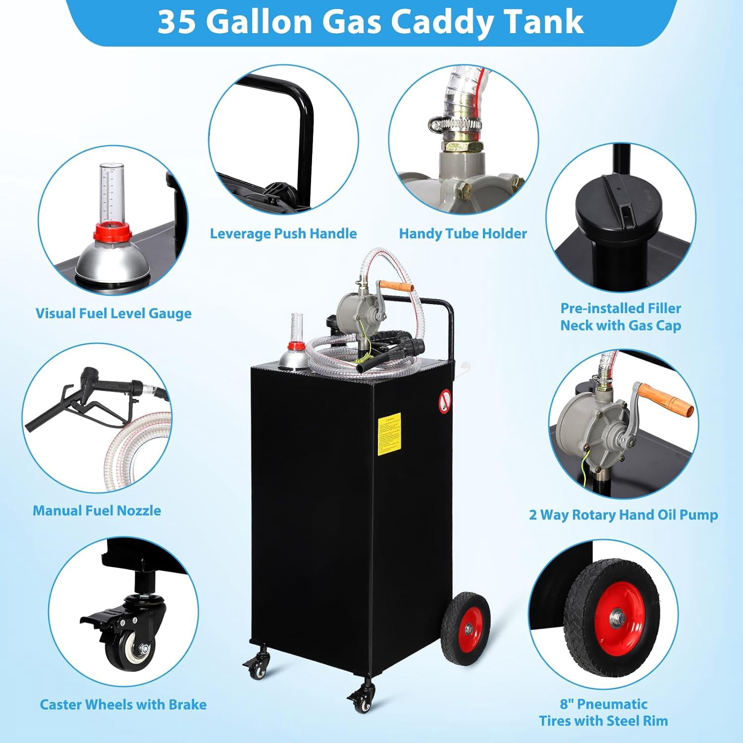M optimized 35 Gallon Fuel Caddy, Fuel Tank with Manual Transfer Pump for Gasoline & Diesel, Durable 4-Wheel Design, Mobile Fuel Storage for Cars, Trucks, Boats, Lawn Mowers
