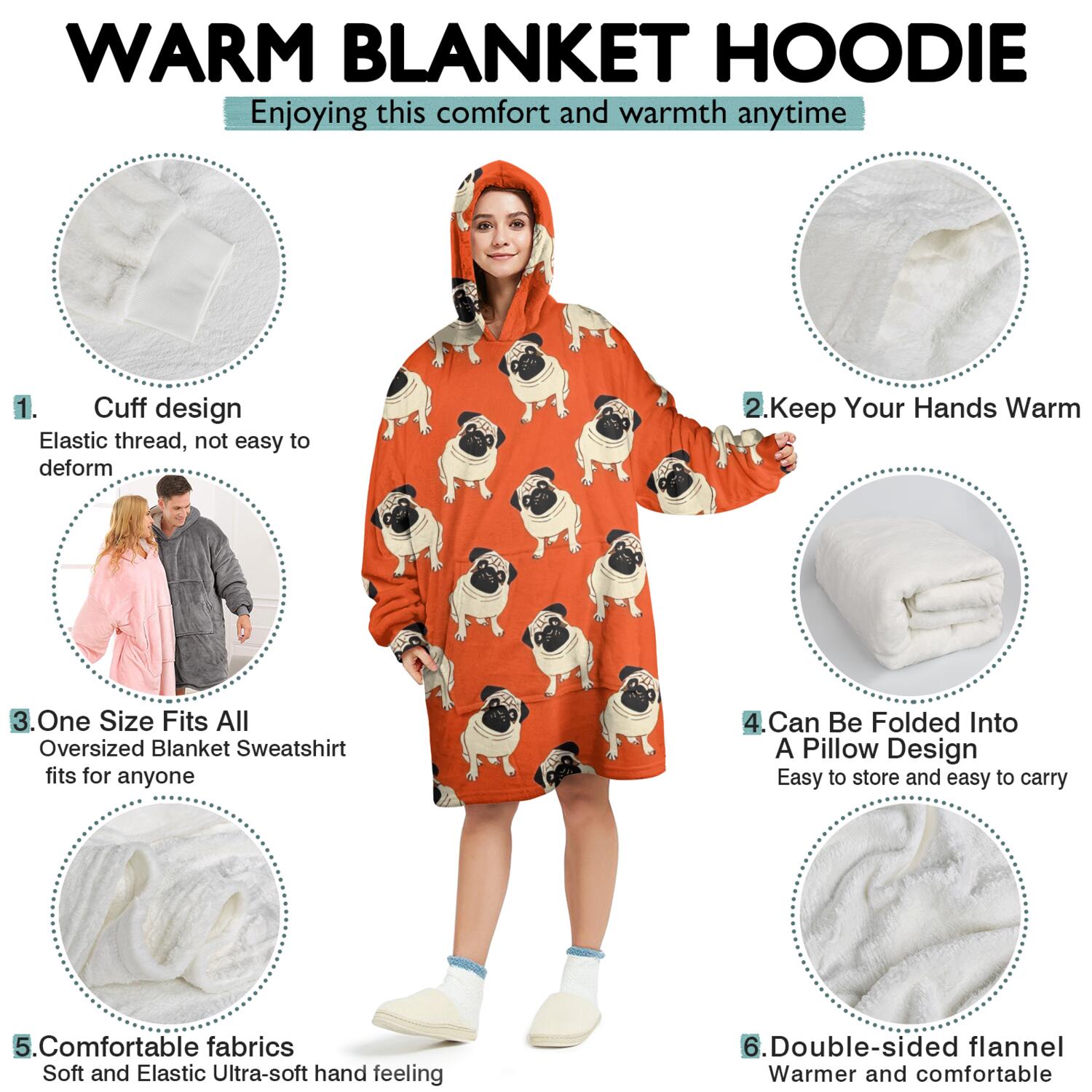 Pug Dog Wearable Oversized Blanket,Wearable Blanket Hoodie for Adults,Cozy Hooded Blankets with Super Pockets,Super Warm Fuzzy Pullover for Women & Men