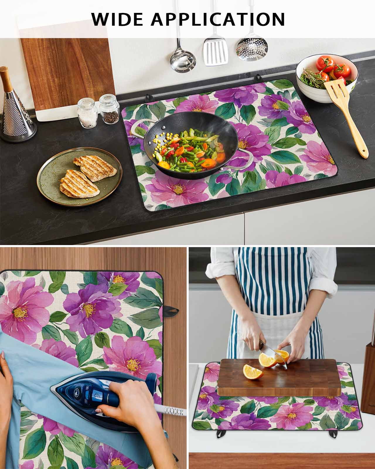 Large Induction Cooktop Protector Mat Purple Flowers Stove Top Covers for Electric Stove, Spring Watercolor Floral Leaves Botanical Beige Decorative Stove Burner Cover Mats, Glass Top Stove Cover