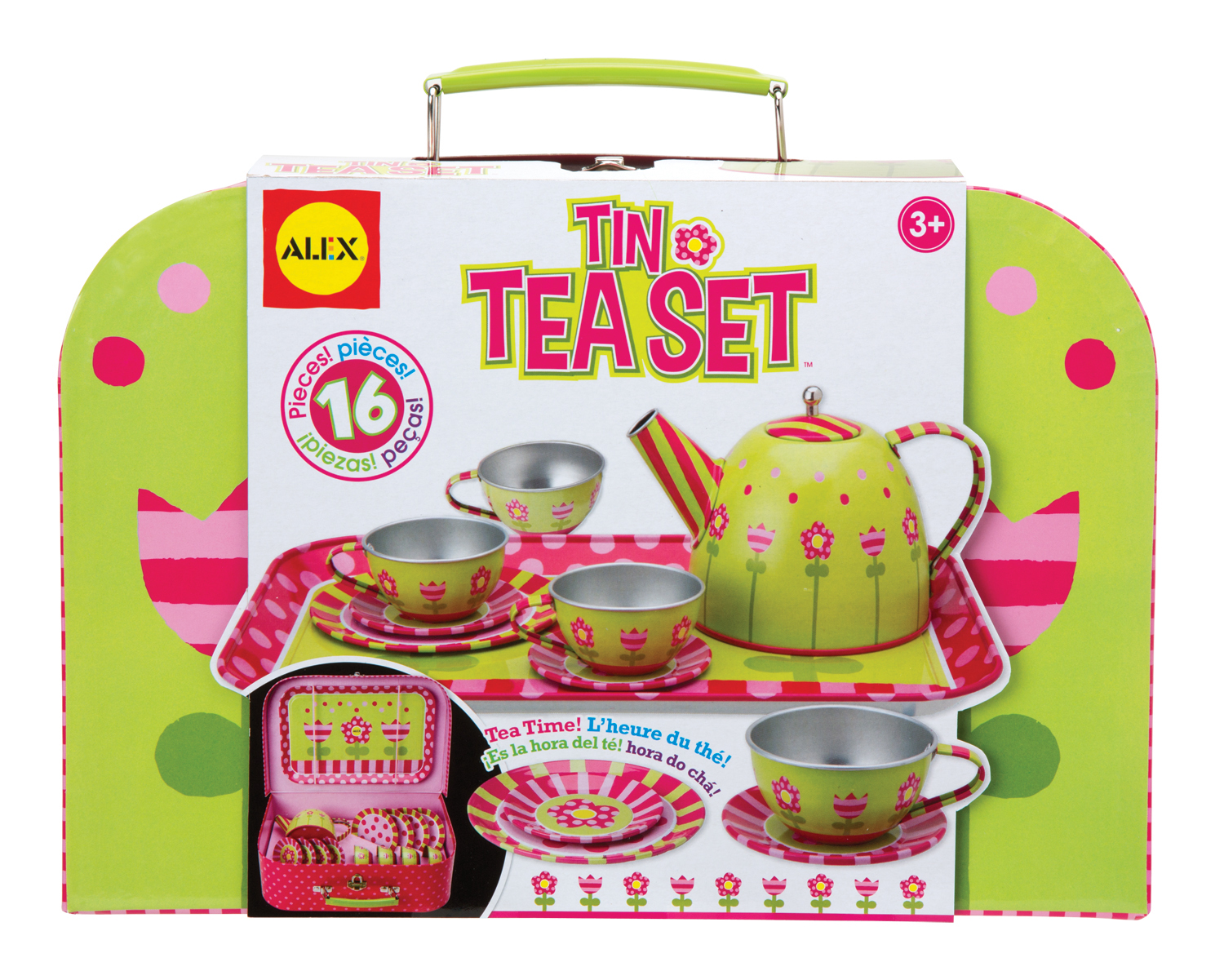 Pretend Tea Set Kids Metal Tea Set for Role Play with 1 Portable Carrying Case- Birds and Flowers Print 27 Pack Tin Tea Set
