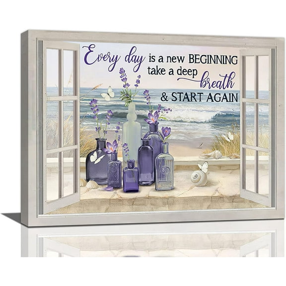 Farmhouse Lavender Flower Bathroom Decor Wall Art Rustic Country Butterfly Purple Window Beach Pictures Wall Decor Canvas Painting Prints Artwork Decorations Framed for Bedroom Bathroom 16"x12"