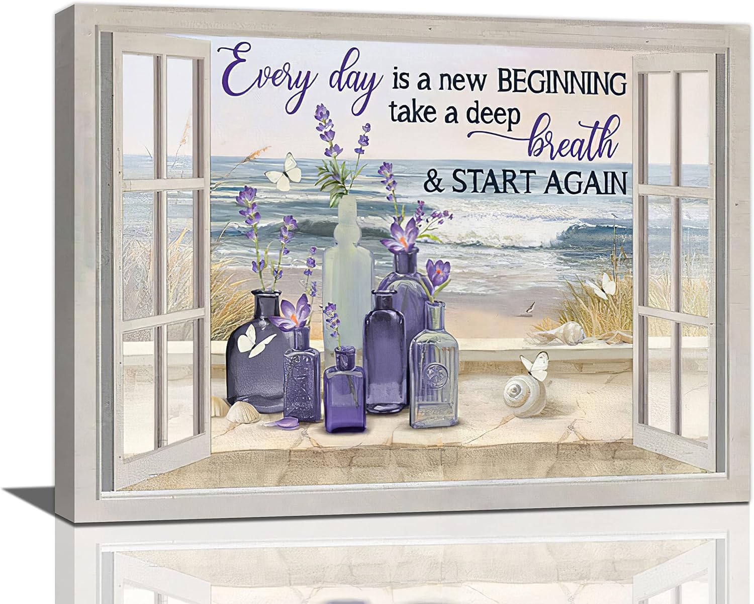 Farmhouse Lavender Flower Bathroom Decor Wall Art Rustic Country Butterfly Purple Window Beach Pictures Wall Decor Canvas Painting Prints Artwork Decorations Framed for Bedroom Bathroom 16"x12"