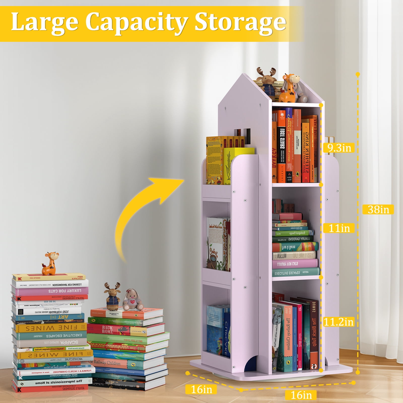 360° Rotating Kids Bookshelf, Pink Engineered Wood House-Shaped Bookcase, 38in Tall Storage Organizer for Bedroom, Playroom, Living Room