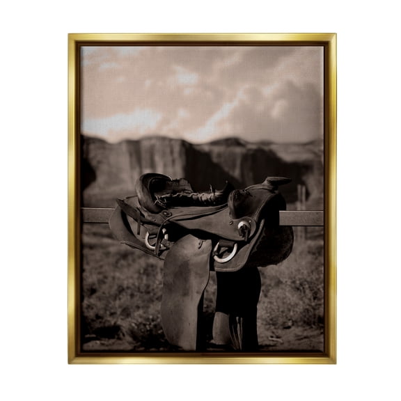 Stupell Industries Horse Saddle in Desert Landscape Photography Gold Floater Framed Canvas Art Print Wall Art, 25 x 31