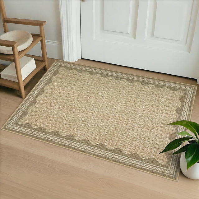 Nanan 2'x3' Scalloped Edge Area Rug, Machine Washable Low-Profile Woven Carpet, Non-Slip Soft Textured Rug for Living Room Bedroom Nursery Home Decor,Heather