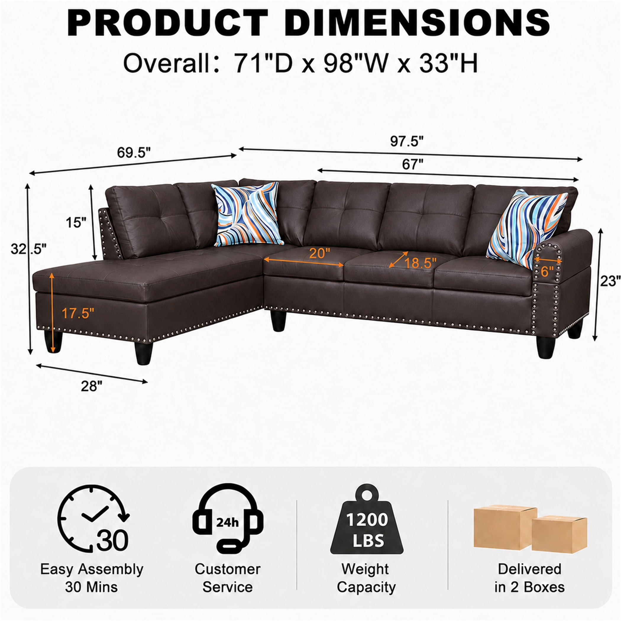 Aukfa 98" L Shaped Sectional Couch with Cup Holder Console, Tufted Back&Nailhead Trim, Oversized Left Chaise Leather Sofa for Living Room, Brown