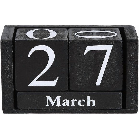 Wooden Perpetual Calendar Cube Calendar Block Month Date Display Home Office Decor (Black)
