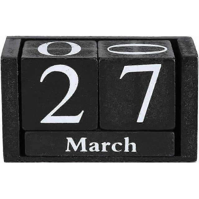 Wooden Perpetual Calendar Cube Calendar Block Month Date Display Home Office Decor (Black)