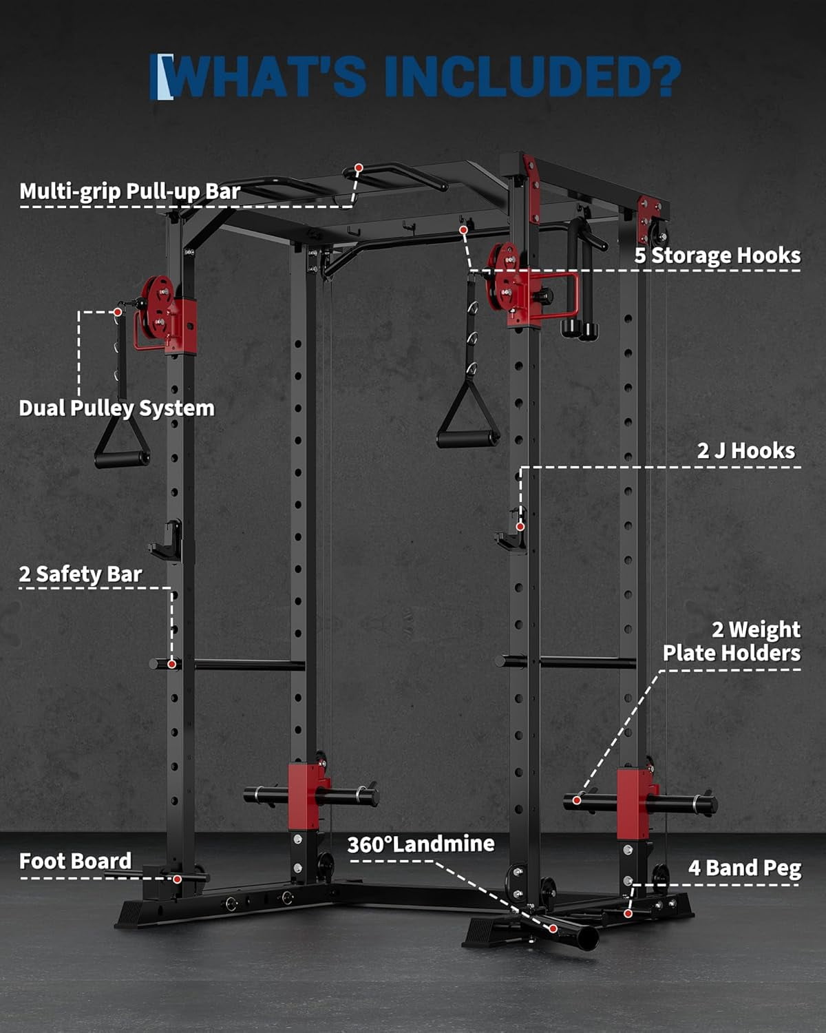 GARVEE Power Rack Cage with Dual Pulley Systems,2000lbs Multi-Functional Squat Cage Rack for Strength Workout with More Training Attachment