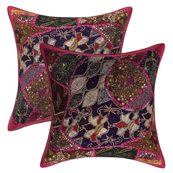 Stylo Culture Ethnic Cotton Decorative Throw Pillow Sham Covers Pink 16 x 16 Bohemian Beaded Sequins Patchwork Embroidered Couch Cushion Covers 40x40 cm Living Room Square Pillow Cases | Set Of 2