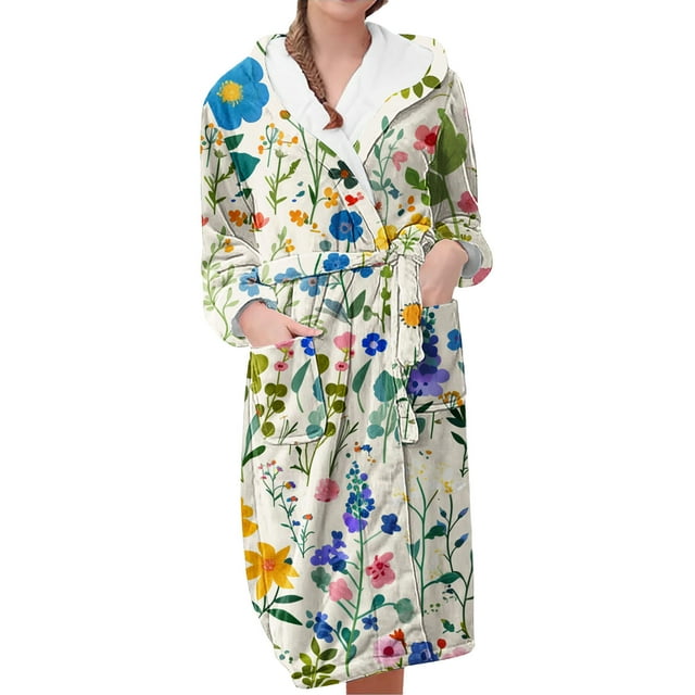 Women Robes Women's Fleece Plush Robe Long Warm Plush Bathrobe Loungewear Jacket Printed Comfort Robe Woman Flannel Pajamas