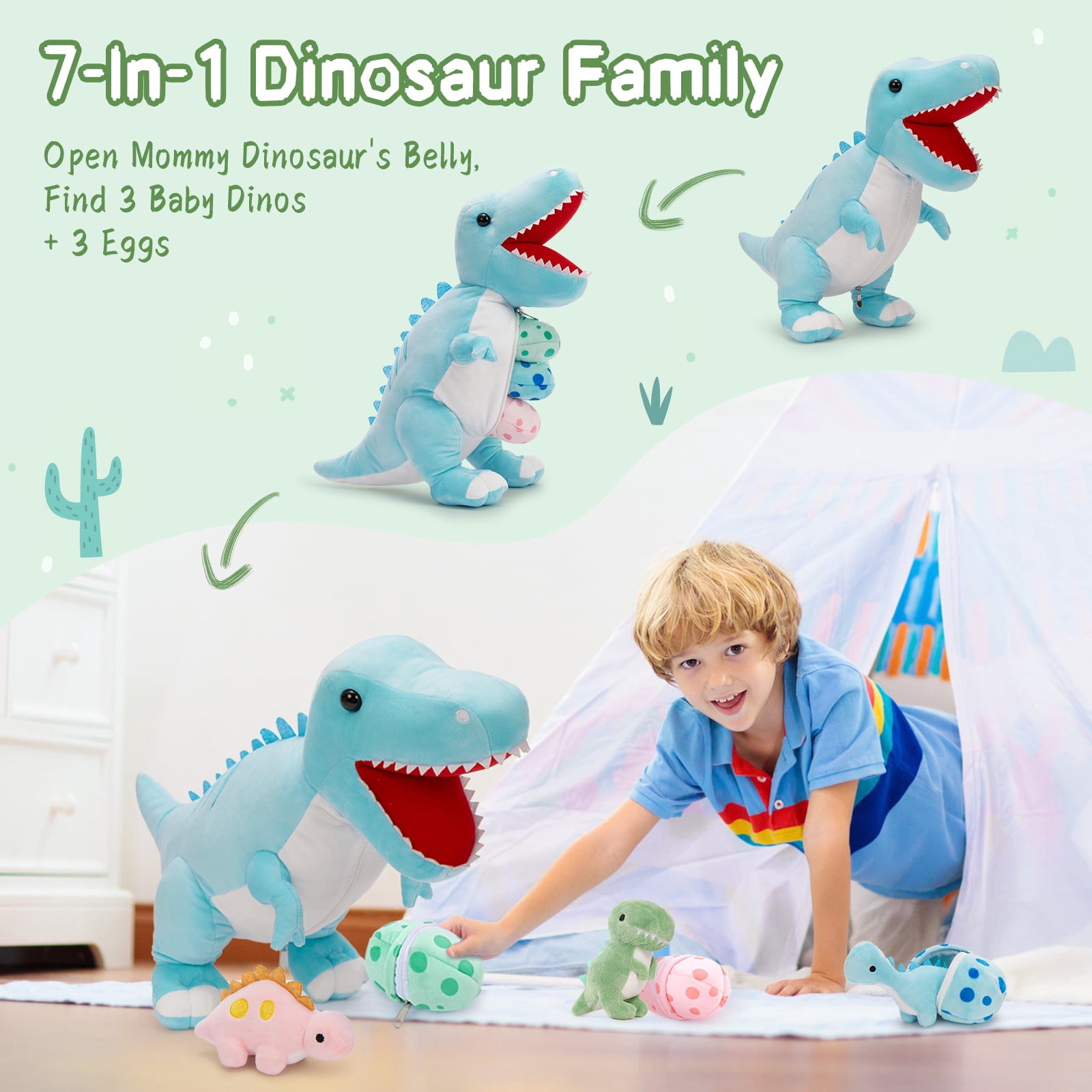 MorisMos 23.6" Blue Dinosaur Stuffed Animal Mommy Dinosaur with 3 Baby Plush Toys