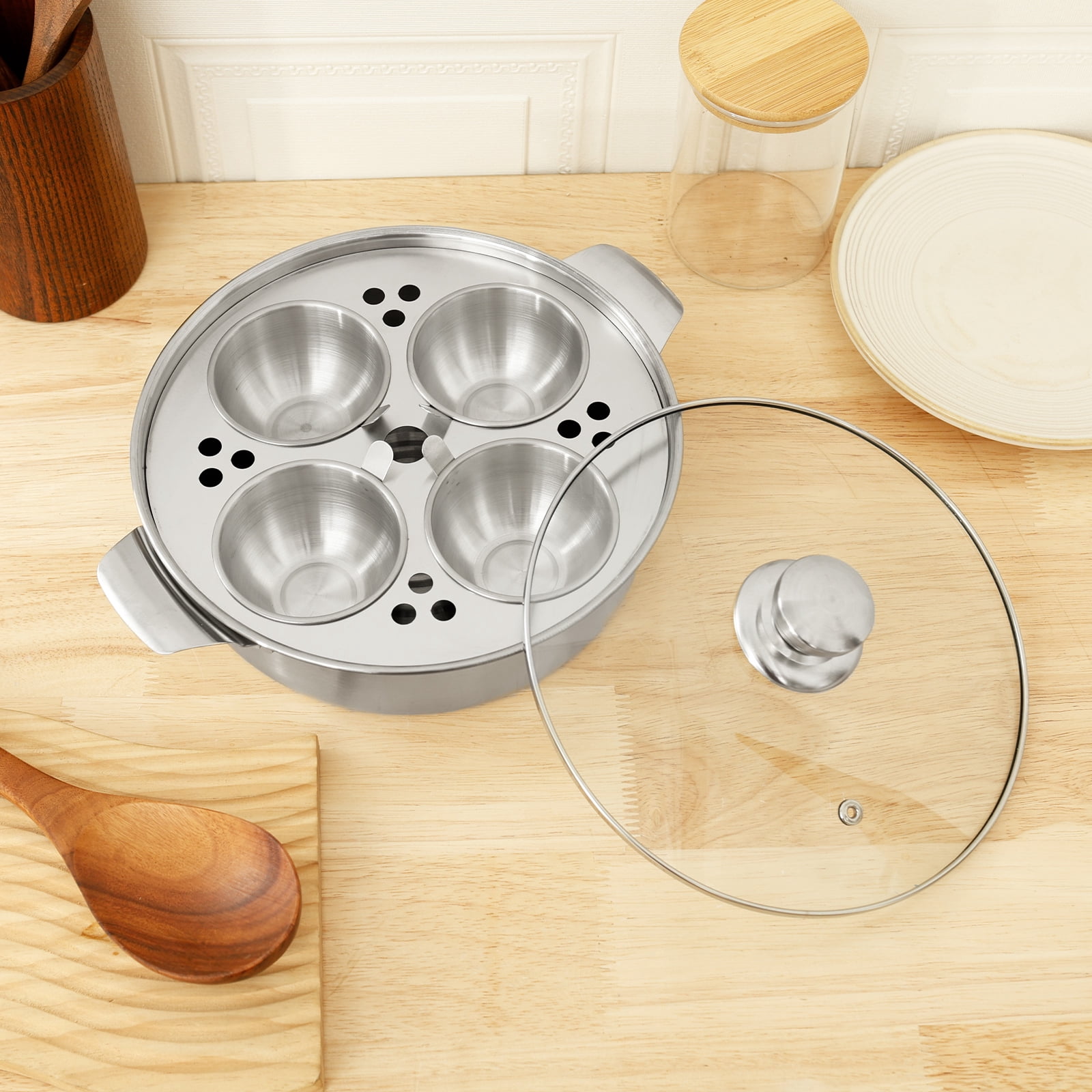 Tcwhniev 7pcs Stainless Steel Egg Poacher Versatile Kitchen Poacher Egg Maker Cooker with 4 Cup and Glass Lid for Induction Cooker