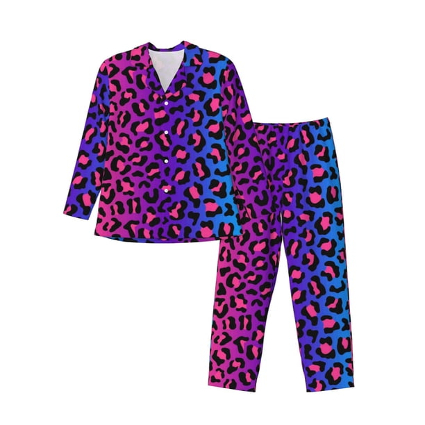 Balery Leopard Neon Rainbow Gradient Pijama para Hombre de Dos Piezas con Manga Larga, Conjunto de Dormir y Descanso Suave con Bolsillos-Small