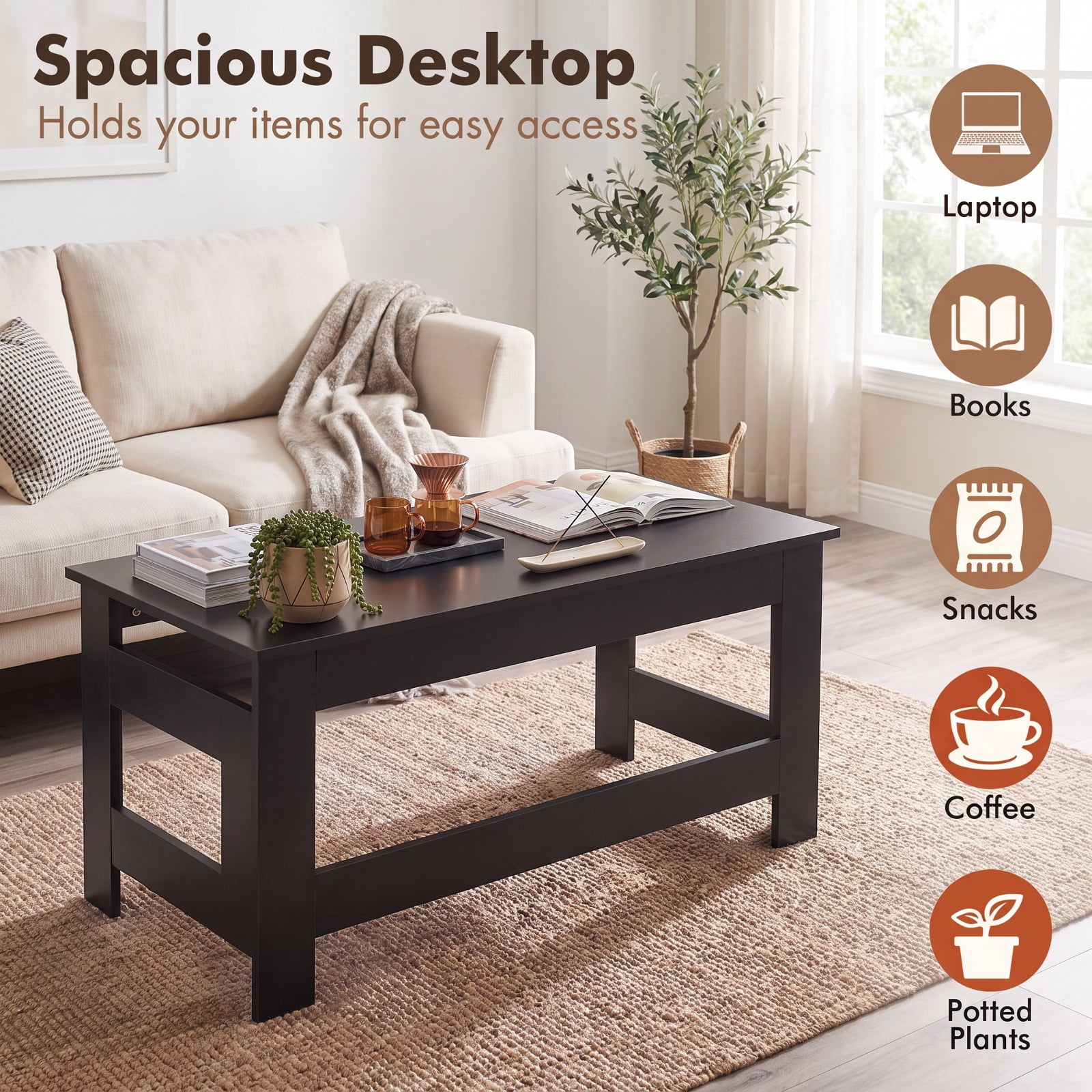 Furnibear Portable Low Floor Table with Foldable Legs Space Saving Folding Coffee Table for Living Room Dining Reading Gaming, Black