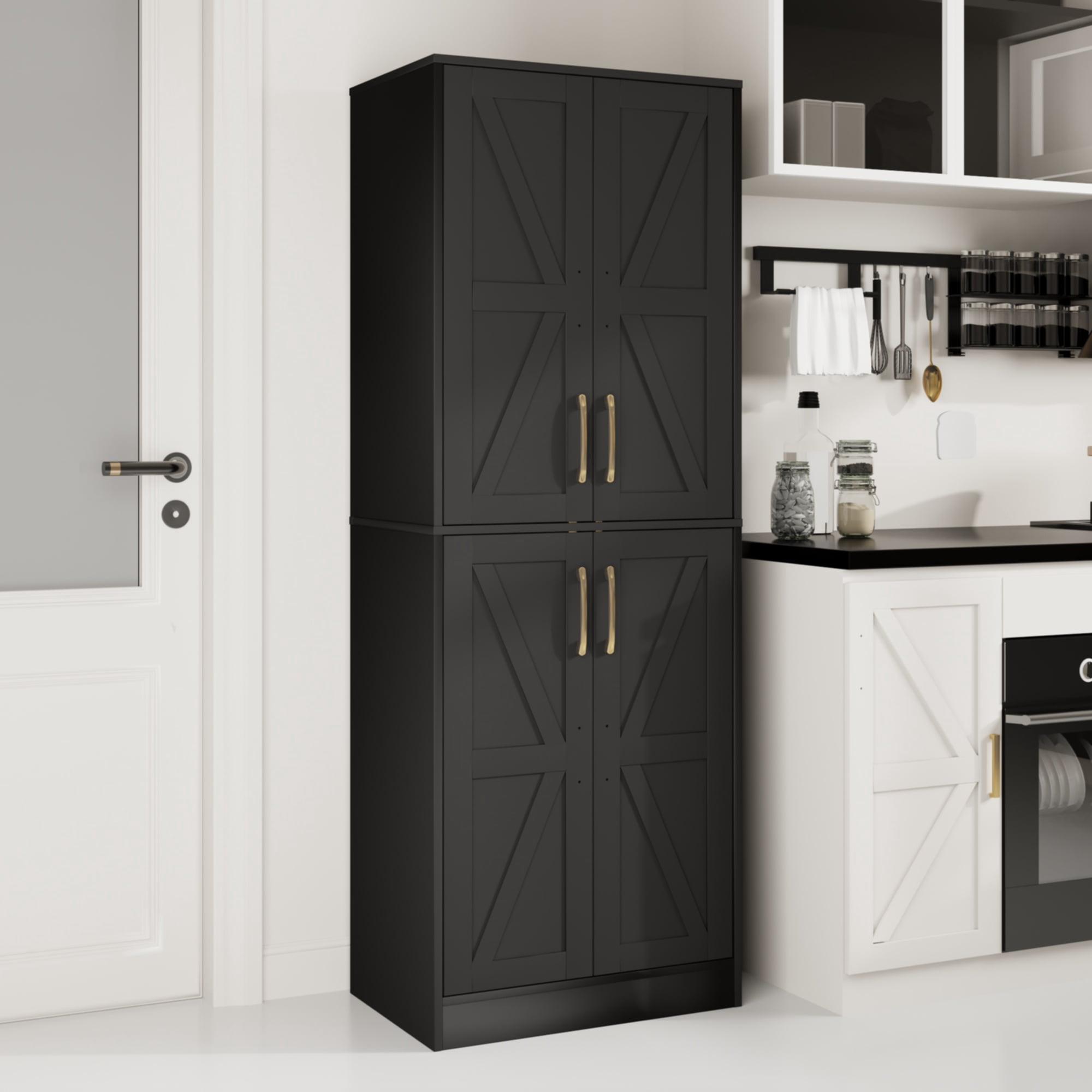 BOCVKENN 60.7" Tall Kitchen Pantry,Farmhouse Storage Cabinet withAdjustable Shelves,Farmhouse Pantry Cabinet with 4Doors,for Kitchen,Dining Room,Living Room