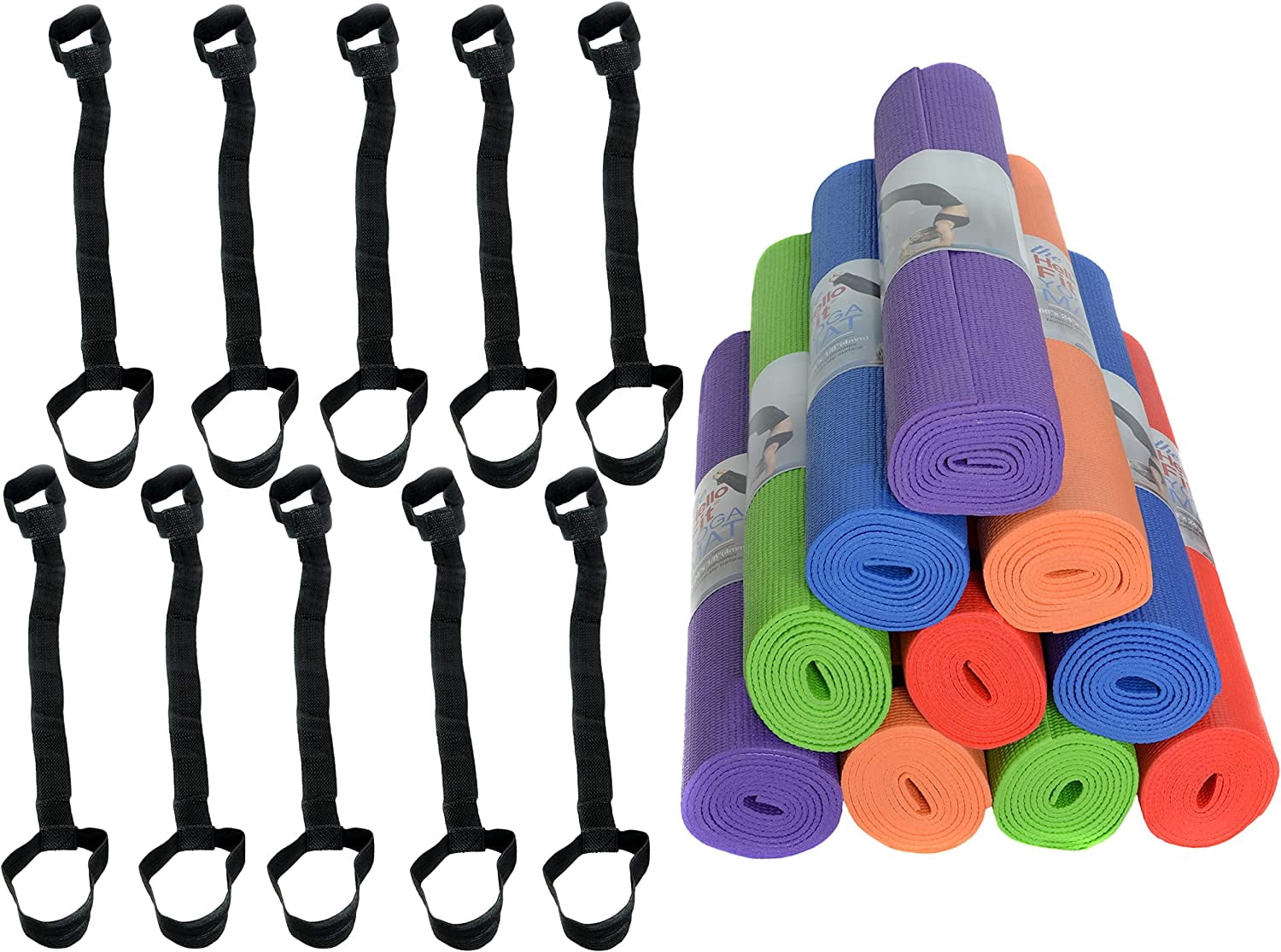 Hello Fit Yoga Mats - Economy 10 Pack (68" x 24" x 1/8") - Assorted with Carrying Strap (Assorted)