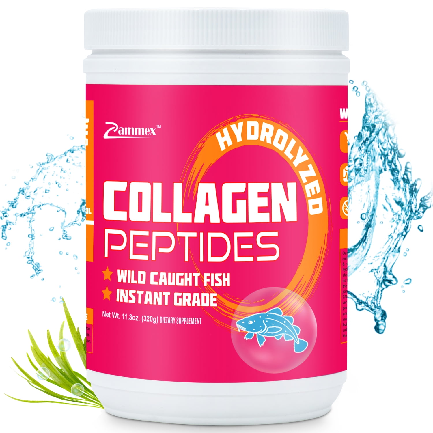 Zammex Marine Collagen Powder-32 Servings Hydrolyzed Wild-Caught Fish Collagen Peptides Type 1 & 3 Collagen Protein Supplement Hair, Skin, Nail, & Joint Support Amino Acids