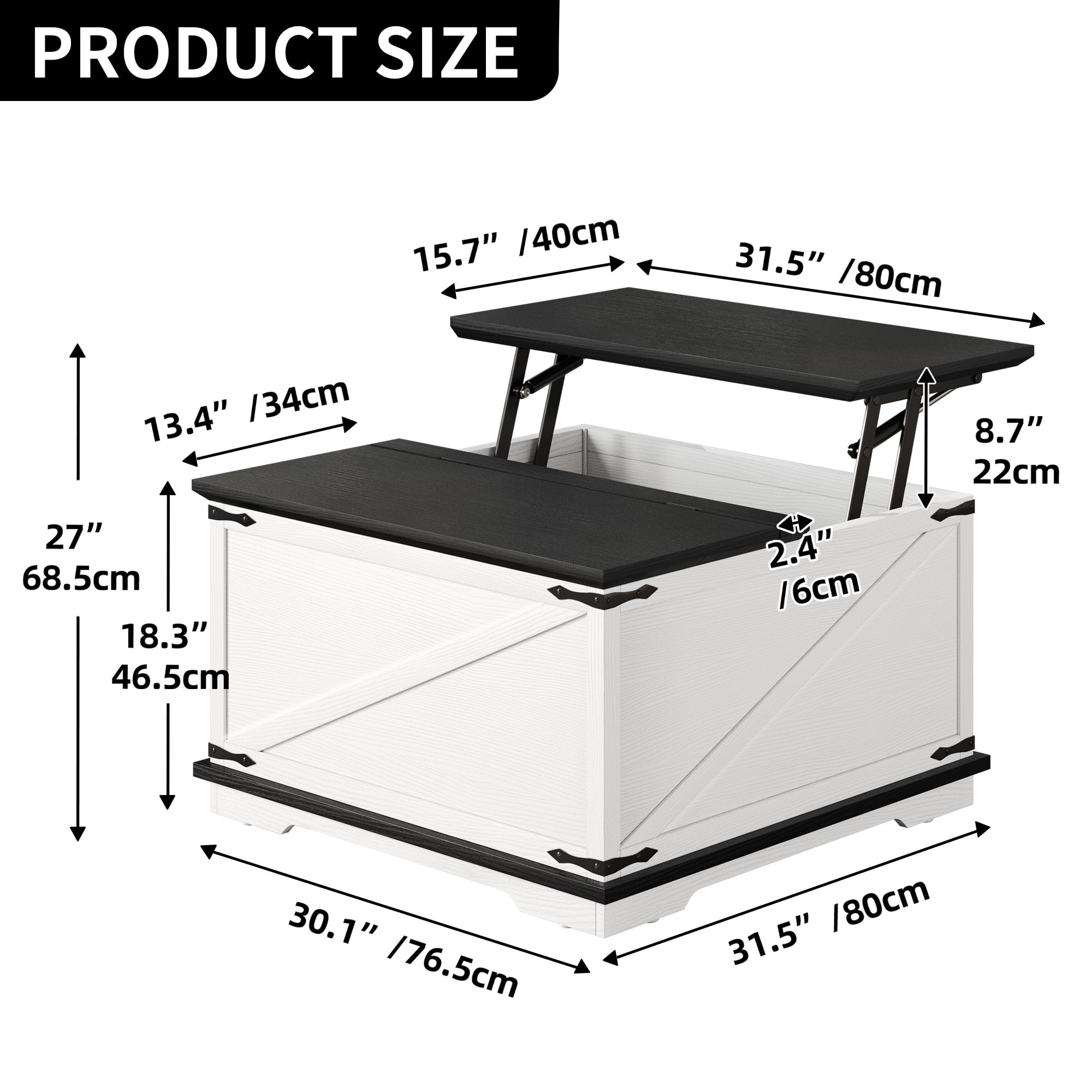 Dextrus Farmhouse Square Lift Top Coffee Table with Storage, Wood Center Table for Living Room, White and Black