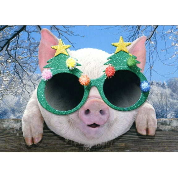 Northern Exposure Pig Wearing Festive Evergreen Tree Glasses Cute Funny / Humorous Box of 12 Christmas Cards