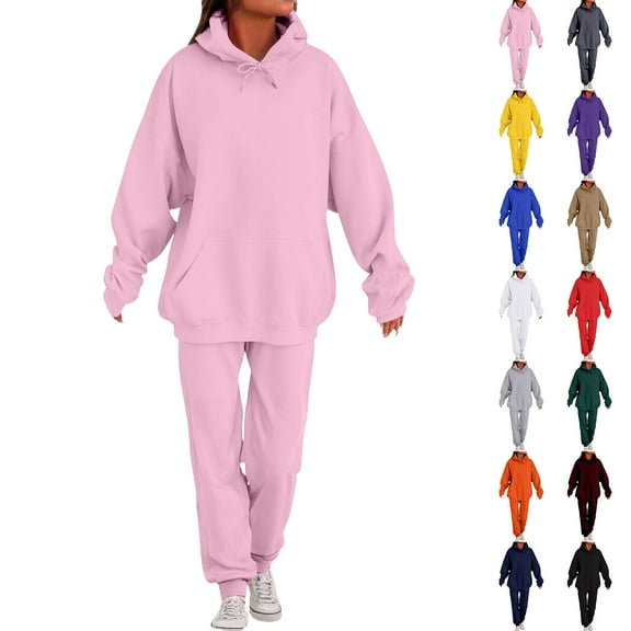 Hearthz Jogging Sets for Women 2 Piece Fleece Comfort Plain Oversized Oversized Sweatshirt Jogger Sweatpants Matching Sweat Sets for Women with Pockets